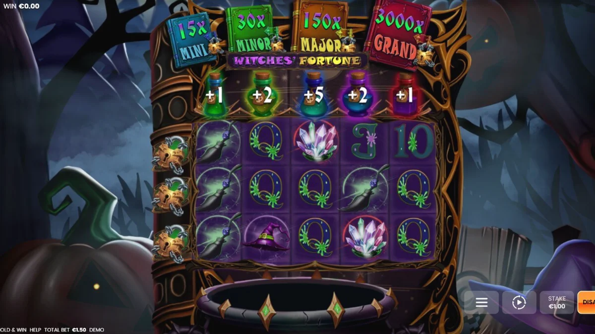 Tampilan visual slot Witches’ Fortune: Hold & Win dengan tema sihir dan kuali ajaib