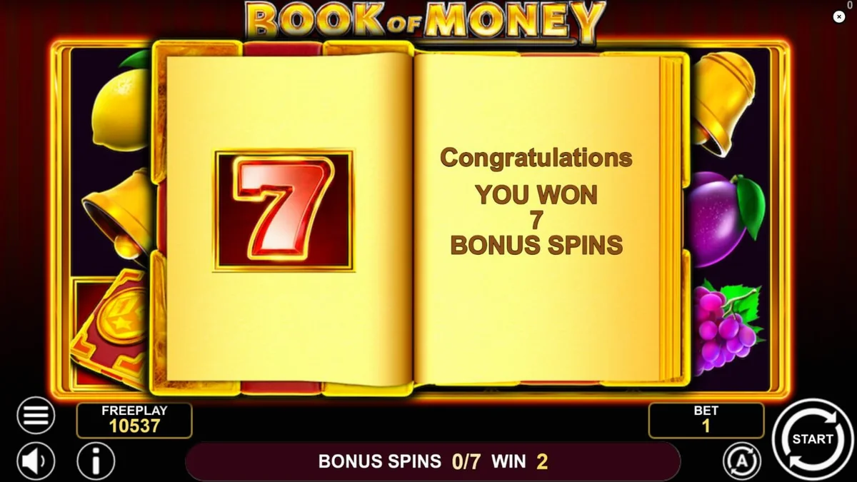 Tampilan visual slot Book of Money dengan simbol buah dan buku klasik