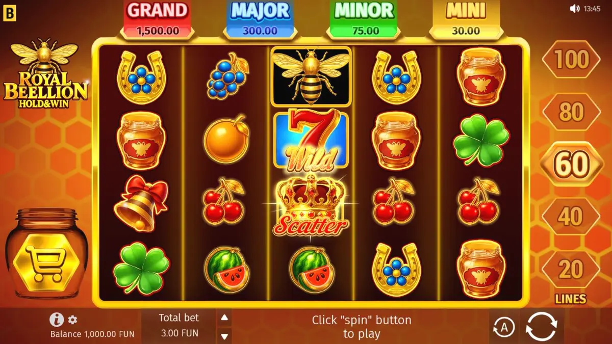Tampilan visual slot Royal Beellion Hold & Win dengan tema lebah dan sarang madu